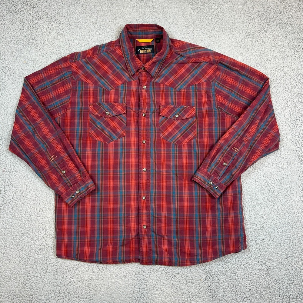 Orvis Trout Bum Shirt Mens XL Red Plaid Western Pearl Snap Rancher Fishing Rodeo